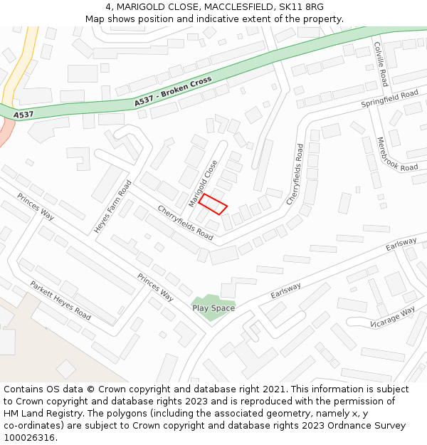 4, MARIGOLD CLOSE, MACCLESFIELD, SK11 8RG: Location map and indicative extent of plot