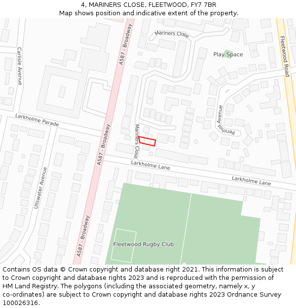 4, MARINERS CLOSE, FLEETWOOD, FY7 7BR: Location map and indicative extent of plot