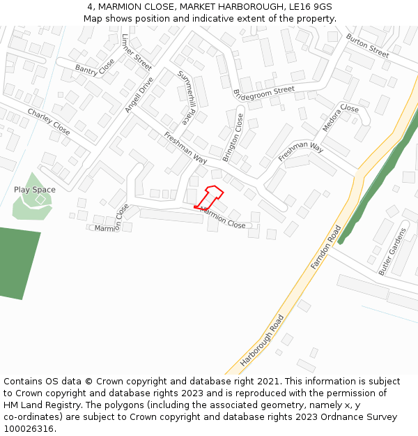 4, MARMION CLOSE, MARKET HARBOROUGH, LE16 9GS: Location map and indicative extent of plot