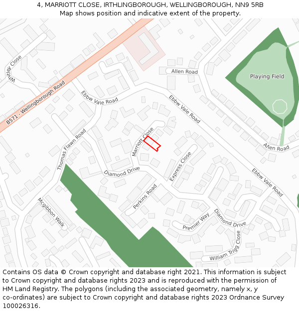 4, MARRIOTT CLOSE, IRTHLINGBOROUGH, WELLINGBOROUGH, NN9 5RB: Location map and indicative extent of plot