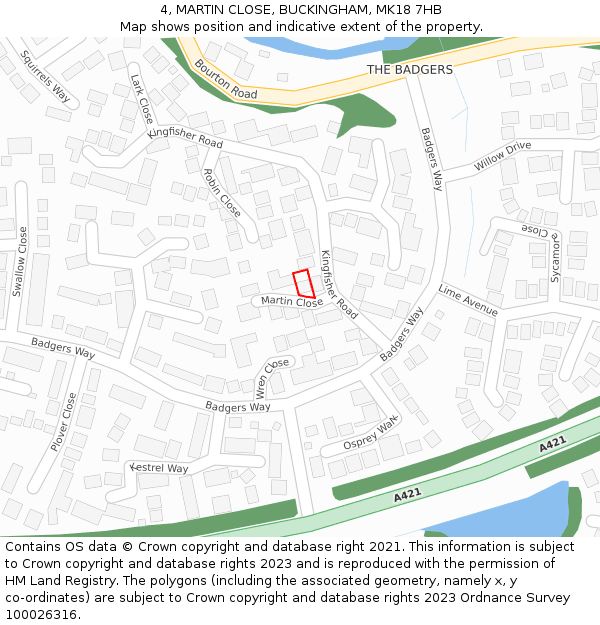4, MARTIN CLOSE, BUCKINGHAM, MK18 7HB: Location map and indicative extent of plot