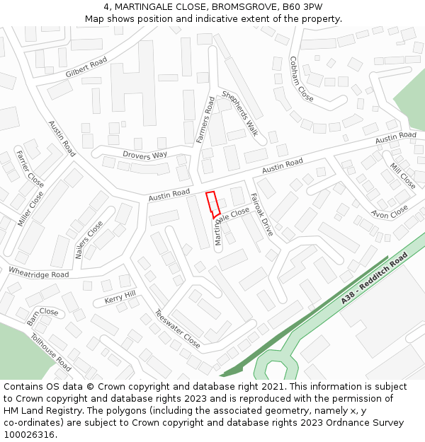 4, MARTINGALE CLOSE, BROMSGROVE, B60 3PW: Location map and indicative extent of plot
