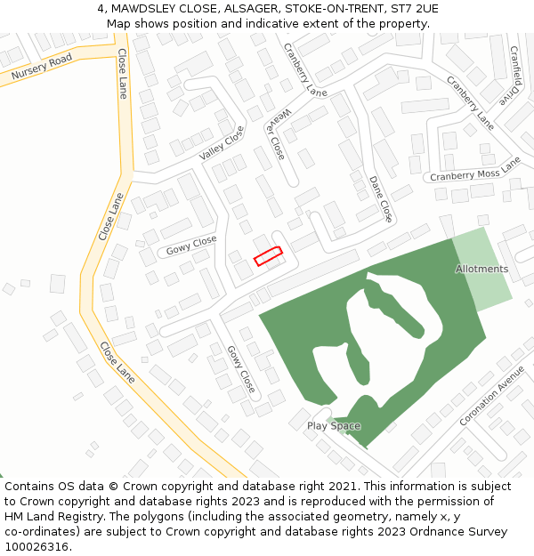 4, MAWDSLEY CLOSE, ALSAGER, STOKE-ON-TRENT, ST7 2UE: Location map and indicative extent of plot