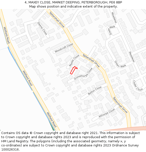 4, MAXEY CLOSE, MARKET DEEPING, PETERBOROUGH, PE6 8BP: Location map and indicative extent of plot