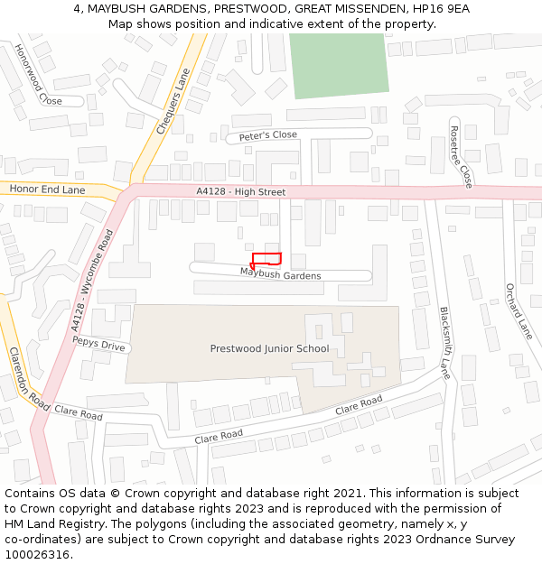 4, MAYBUSH GARDENS, PRESTWOOD, GREAT MISSENDEN, HP16 9EA: Location map and indicative extent of plot