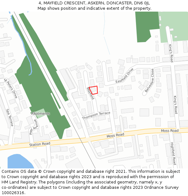 4, MAYFIELD CRESCENT, ASKERN, DONCASTER, DN6 0JL: Location map and indicative extent of plot