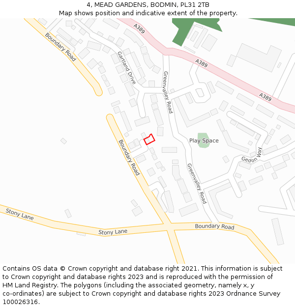 4, MEAD GARDENS, BODMIN, PL31 2TB: Location map and indicative extent of plot