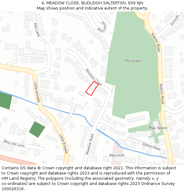 4, MEADOW CLOSE, BUDLEIGH SALTERTON, EX9 6JN: Location map and indicative extent of plot