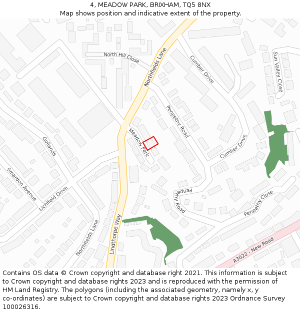 4, MEADOW PARK, BRIXHAM, TQ5 8NX: Location map and indicative extent of plot