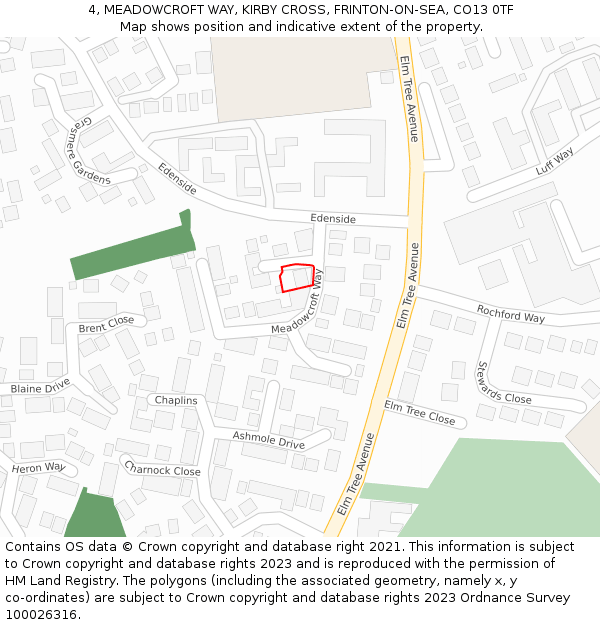 4, MEADOWCROFT WAY, KIRBY CROSS, FRINTON-ON-SEA, CO13 0TF: Location map and indicative extent of plot