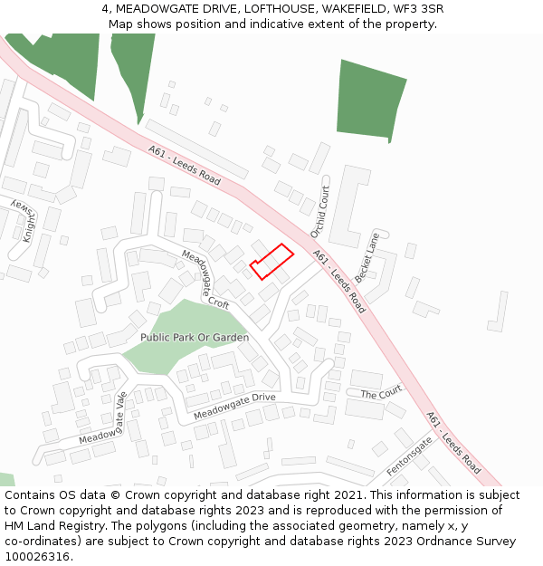 4, MEADOWGATE DRIVE, LOFTHOUSE, WAKEFIELD, WF3 3SR: Location map and indicative extent of plot