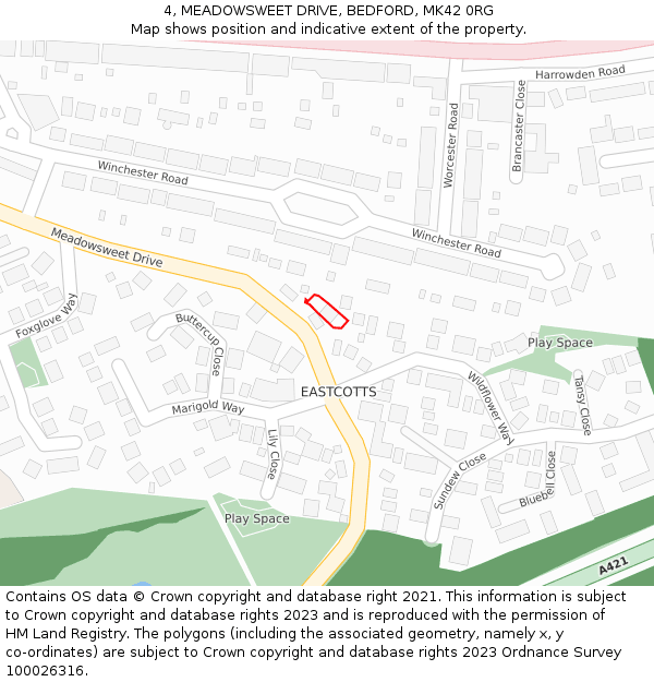 4, MEADOWSWEET DRIVE, BEDFORD, MK42 0RG: Location map and indicative extent of plot