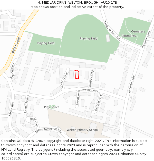 4, MEDLAR DRIVE, WELTON, BROUGH, HU15 1TE: Location map and indicative extent of plot