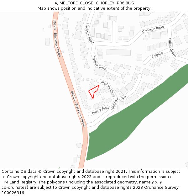 4, MELFORD CLOSE, CHORLEY, PR6 8US: Location map and indicative extent of plot