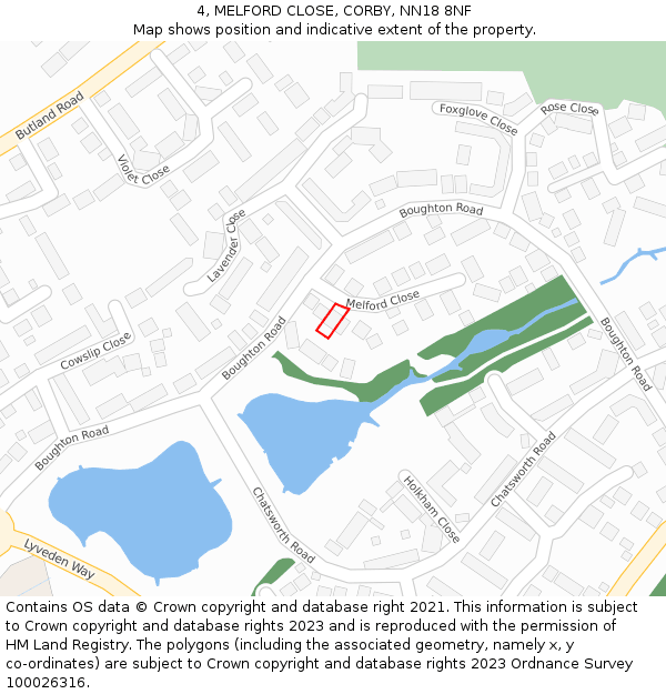 4, MELFORD CLOSE, CORBY, NN18 8NF: Location map and indicative extent of plot