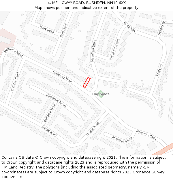 4, MELLOWAY ROAD, RUSHDEN, NN10 6XX: Location map and indicative extent of plot