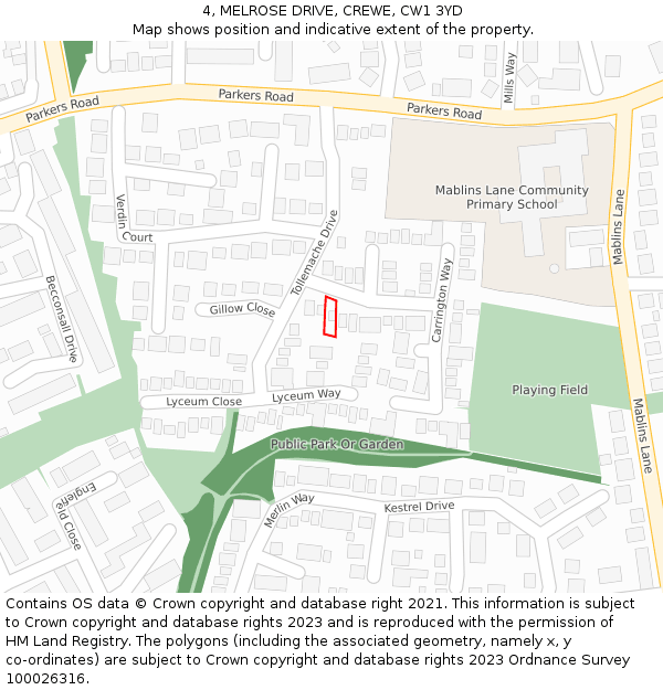 4, MELROSE DRIVE, CREWE, CW1 3YD: Location map and indicative extent of plot