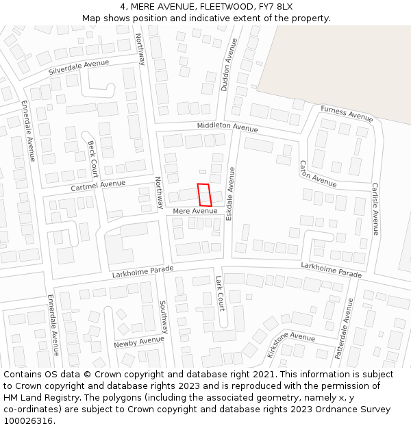 4, MERE AVENUE, FLEETWOOD, FY7 8LX: Location map and indicative extent of plot