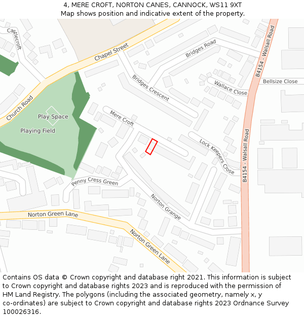 4, MERE CROFT, NORTON CANES, CANNOCK, WS11 9XT: Location map and indicative extent of plot