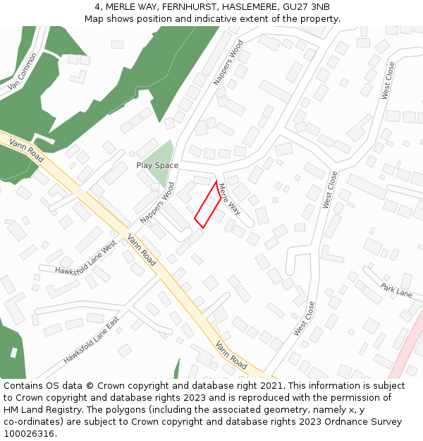 4, MERLE WAY, FERNHURST, HASLEMERE, GU27 3NB: Location map and indicative extent of plot