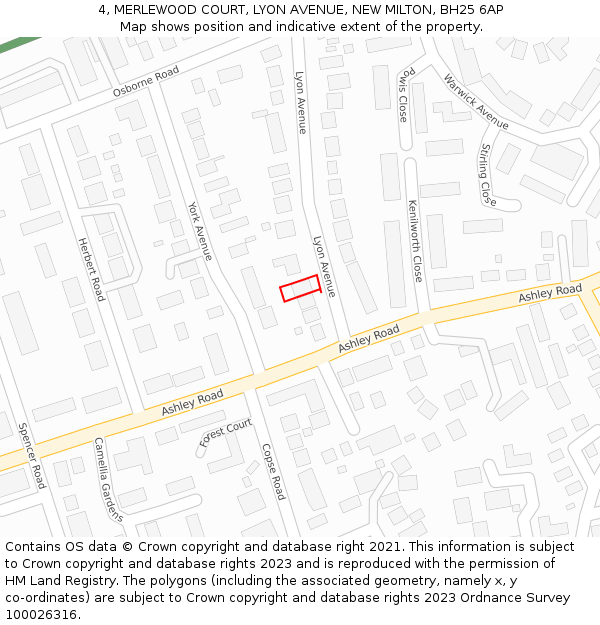 4, MERLEWOOD COURT, LYON AVENUE, NEW MILTON, BH25 6AP: Location map and indicative extent of plot