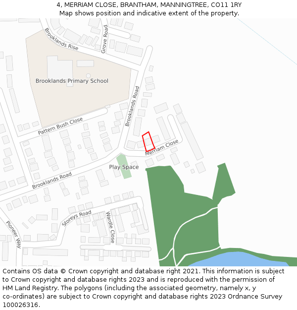 4, MERRIAM CLOSE, BRANTHAM, MANNINGTREE, CO11 1RY: Location map and indicative extent of plot