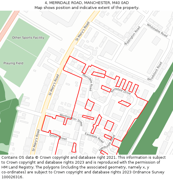 4, MERRIDALE ROAD, MANCHESTER, M40 0AD: Location map and indicative extent of plot
