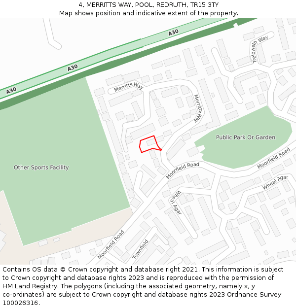 4, MERRITTS WAY, POOL, REDRUTH, TR15 3TY: Location map and indicative extent of plot