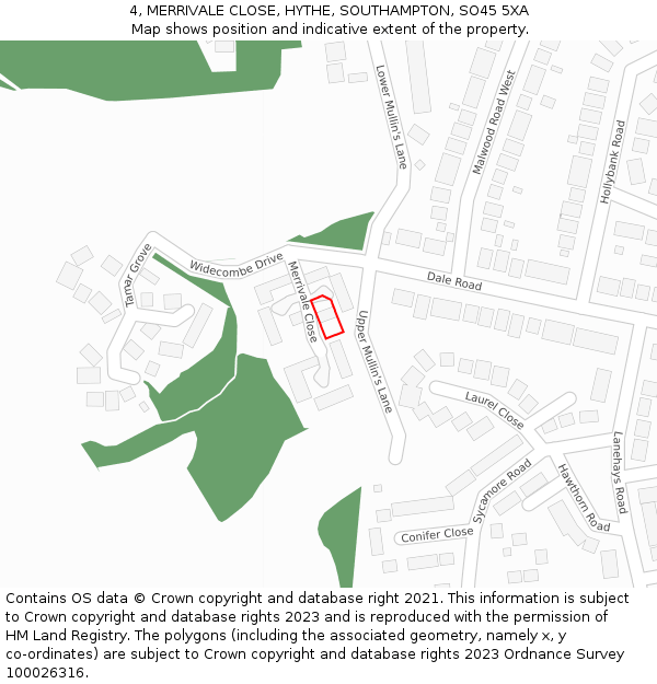 4, MERRIVALE CLOSE, HYTHE, SOUTHAMPTON, SO45 5XA: Location map and indicative extent of plot