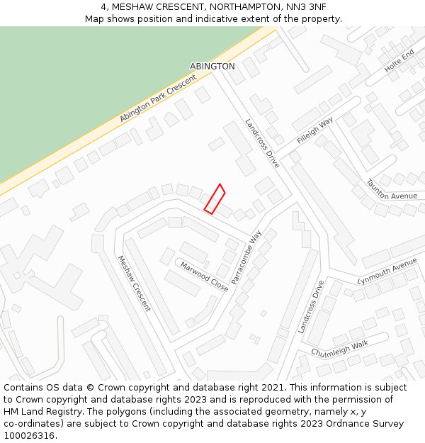4, MESHAW CRESCENT, NORTHAMPTON, NN3 3NF: Location map and indicative extent of plot