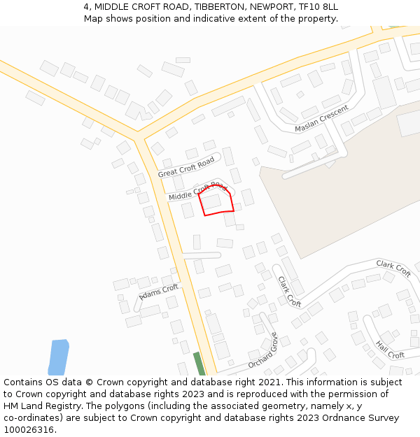 4, MIDDLE CROFT ROAD, TIBBERTON, NEWPORT, TF10 8LL: Location map and indicative extent of plot