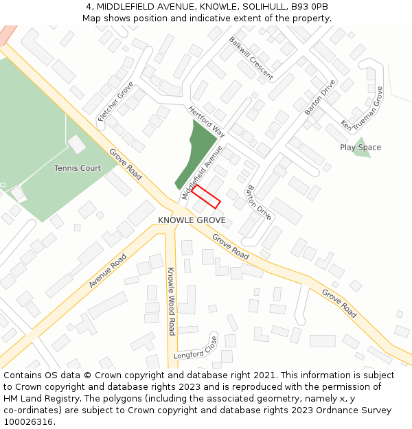 4, MIDDLEFIELD AVENUE, KNOWLE, SOLIHULL, B93 0PB: Location map and indicative extent of plot