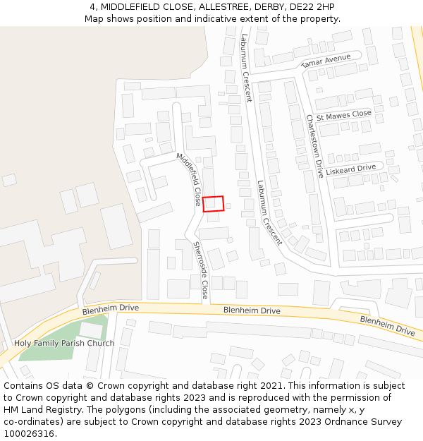 4, MIDDLEFIELD CLOSE, ALLESTREE, DERBY, DE22 2HP: Location map and indicative extent of plot