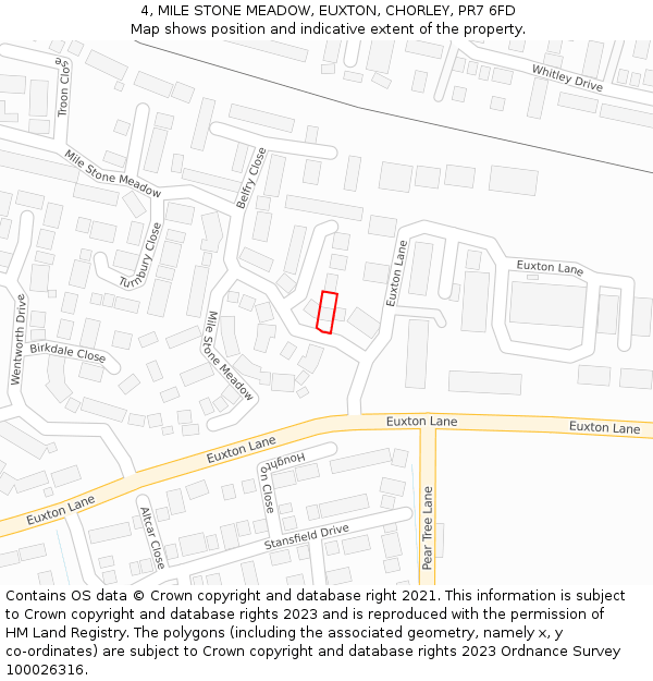 4, MILE STONE MEADOW, EUXTON, CHORLEY, PR7 6FD: Location map and indicative extent of plot