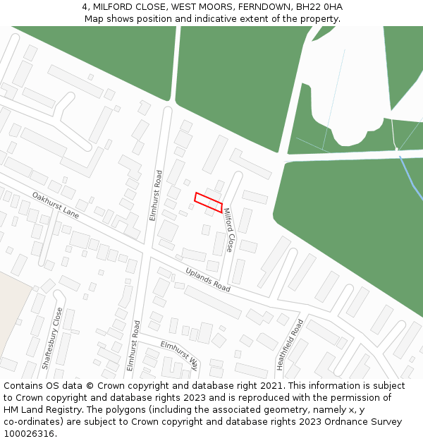4, MILFORD CLOSE, WEST MOORS, FERNDOWN, BH22 0HA: Location map and indicative extent of plot