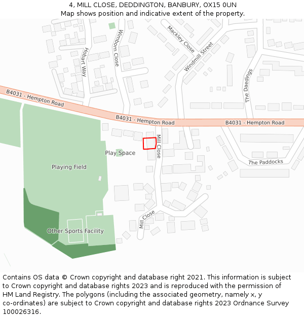 4, MILL CLOSE, DEDDINGTON, BANBURY, OX15 0UN: Location map and indicative extent of plot