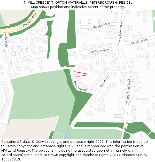 4, MILL CRESCENT, ORTON WATERVILLE, PETERBOROUGH, PE2 5EL: Location map and indicative extent of plot