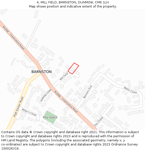 4, MILL FIELD, BARNSTON, DUNMOW, CM6 1LH: Location map and indicative extent of plot