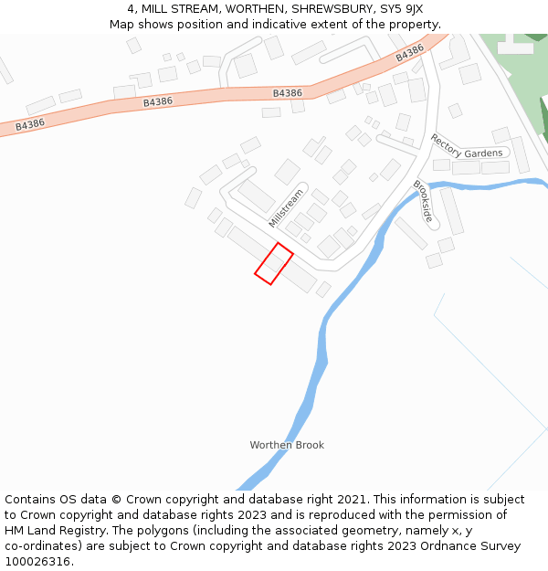 4, MILL STREAM, WORTHEN, SHREWSBURY, SY5 9JX: Location map and indicative extent of plot