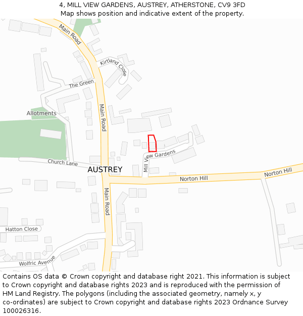 4, MILL VIEW GARDENS, AUSTREY, ATHERSTONE, CV9 3FD: Location map and indicative extent of plot