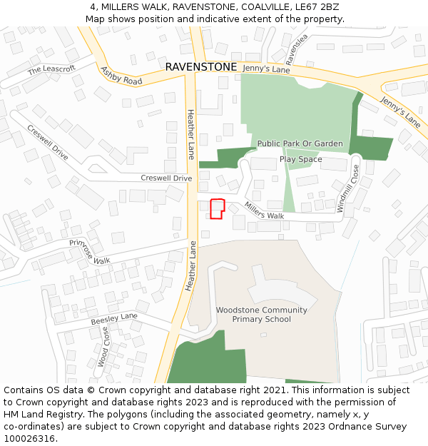 4, MILLERS WALK, RAVENSTONE, COALVILLE, LE67 2BZ: Location map and indicative extent of plot