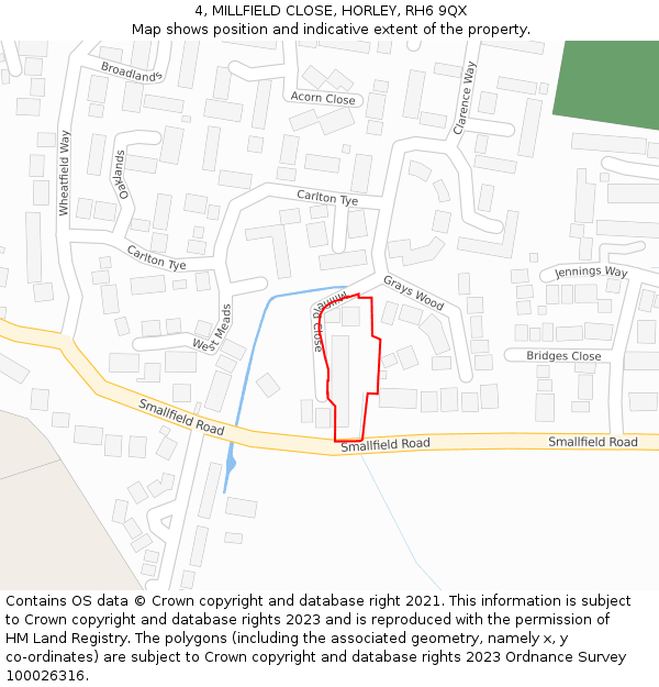 4, MILLFIELD CLOSE, HORLEY, RH6 9QX: Location map and indicative extent of plot