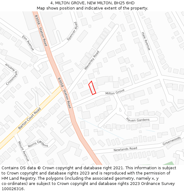 4, MILTON GROVE, NEW MILTON, BH25 6HD: Location map and indicative extent of plot