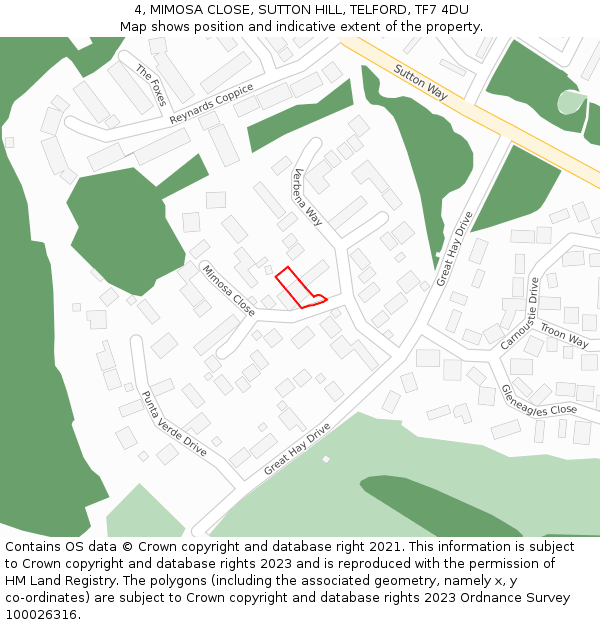 4, MIMOSA CLOSE, SUTTON HILL, TELFORD, TF7 4DU: Location map and indicative extent of plot