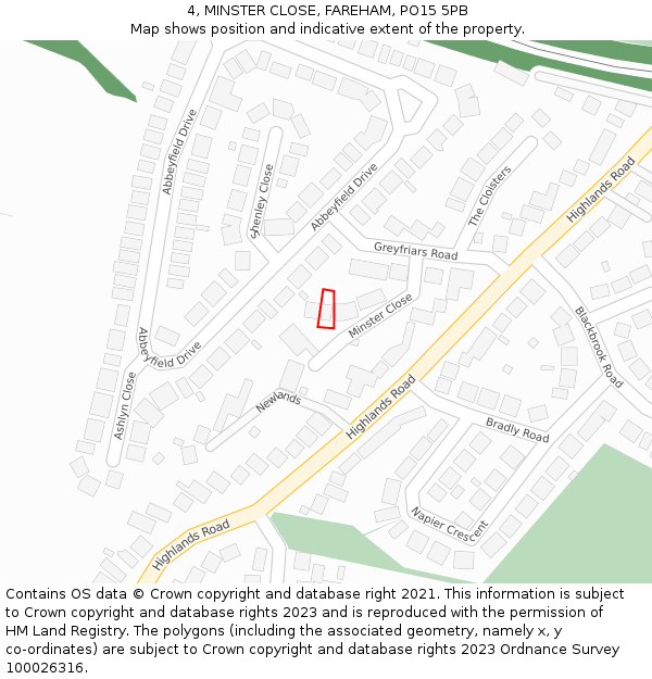 4, MINSTER CLOSE, FAREHAM, PO15 5PB: Location map and indicative extent of plot