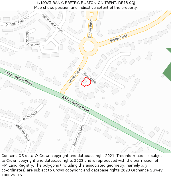 4, MOAT BANK, BRETBY, BURTON-ON-TRENT, DE15 0QJ: Location map and indicative extent of plot