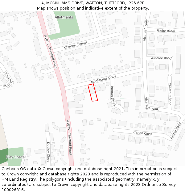 4, MONKHAMS DRIVE, WATTON, THETFORD, IP25 6PE: Location map and indicative extent of plot