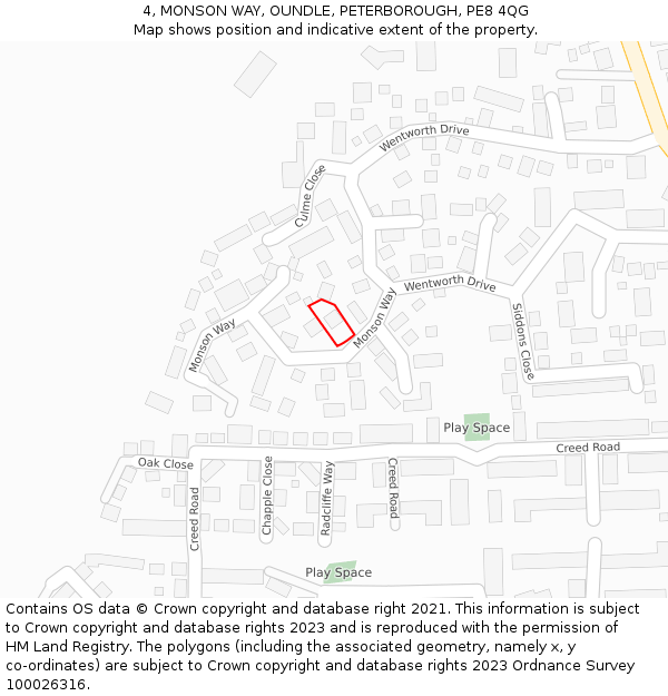 4, MONSON WAY, OUNDLE, PETERBOROUGH, PE8 4QG: Location map and indicative extent of plot