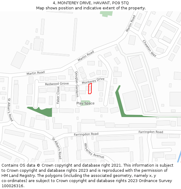 4, MONTEREY DRIVE, HAVANT, PO9 5TQ: Location map and indicative extent of plot