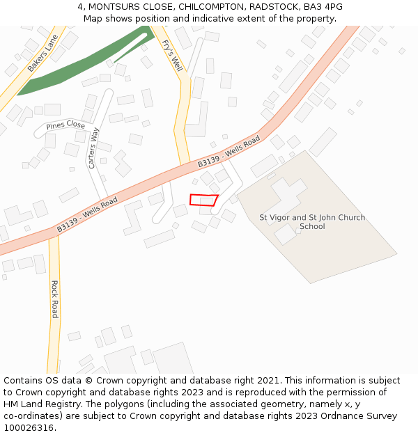 4, MONTSURS CLOSE, CHILCOMPTON, RADSTOCK, BA3 4PG: Location map and indicative extent of plot